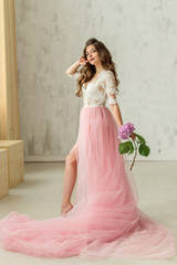 Portrait girl with flowers. Beauty. Make up. Fashion style.