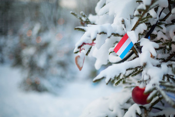 Luxembourg flag. Christmas background outdoor. Christmas tree covered with snow and decorations and flag.  New Year / Christmas holiday greeting card. © theartofpics