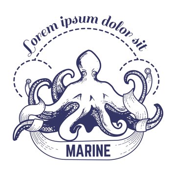Marine big octopus with tentacles monochrome sketch outline