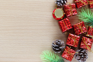 Equipment of Christmas on wooden floor and have copy space.