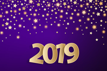 Violet Happy New Year 2019 greeting card concept with golden paper cuted white numbers. Vector illustration