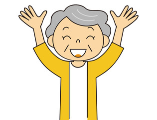 シニア　女性　バンザイをするおばあちゃん　二頭身