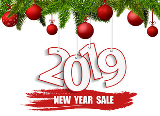 New Year Sale 2019 banner with red Christmas balls. Vector illustration