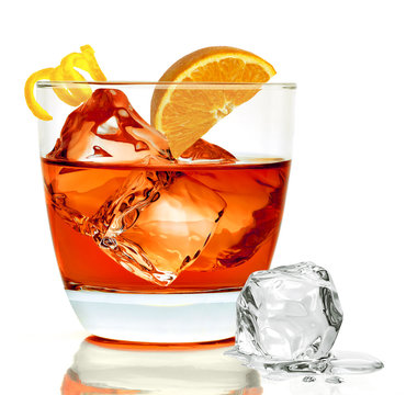 Americano Or Negroni Cocktail With Orange Slice In The Rocks Glass Isolated On White Background.