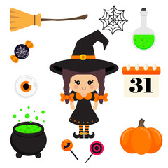 cartoon cute witch vector with braids in hat and halloween element