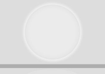3d rendering. white circular plate with glowing light at back side on gray wall background.