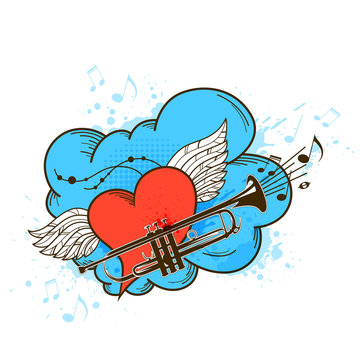 Musical retro background with pink heart