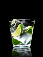 Vodka lime, mojito or gin tonic  with lime wedge and ice in rocks glass on black background...