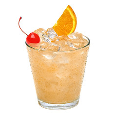 John Collins or Whiskey sour cocktail with maraschino cherry and orange slice isolated on white background