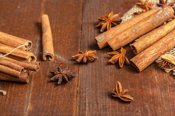 Cinnamon on wooden board.