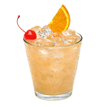 John Collins Or Whiskey Sour Cocktail With Maraschino Cherry And Orange Slice Isolated On White Background