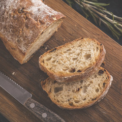Freshly baked ciabatta bread.  Toned photo