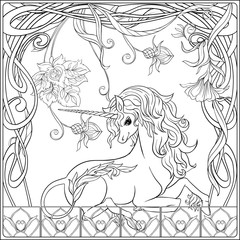 Unicorn and fantastic vintage frame and flowers © Elen  Lane