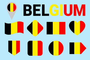 Fototapeta premium Belgium flag vector set. Different geometric shapes. Flat style. Belgian flags collection. For sports, national, travel, geographic design elements. isolated icons with state name.