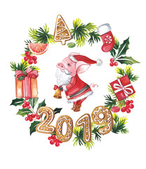 The pig in the form of Santa Claus is in the Christmas frame of gifts, fir branches, gingerbread. Watercolor illustration.