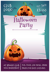 Happy Halloween editable poster with angry and scared pumpkins with parchment on dark blue background with bats. Happy Halloween party.