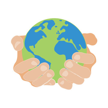 hands holding earth round on white background colored symbol