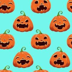 Seamless pattern with different Halloween pumpkins on blue background. Vector illustration. For scrapbooking, gifts, fabrics, textile, background. Jack head.