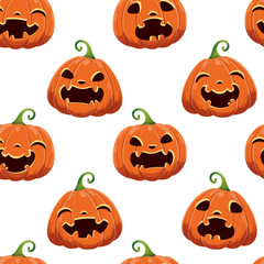 Seamless pattern with different Halloween pumpkins on white background. Vector illustration. For scrapbooking, gifts, fabrics, textile, background. Jack head.