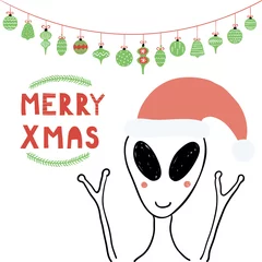 Deurstickers Hand drawn vector illustration of a cute funny alien in a Santa Claus hat, with text Merry Xmas. Isolated objects on white background. Line drawing. Design concept for Christmas card, invite. © Maria Skrigan