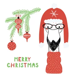 Foto op Canvas Hand drawn vector illustration of a cute funny flamingo in a warm hat, with tree branch, text Merry Christmas. Isolated objects on white background. Line drawing. Design concept for card, invite. © Maria Skrigan