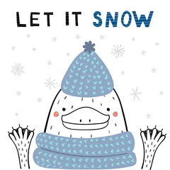 Outdoor kussens Hand drawn vector illustration of a cute funny platypus in a knitted hat, scarf, with text Let it snow. Isolated objects on white background. Line drawing. Design concept for Christmas card, invite. © Maria Skrigan