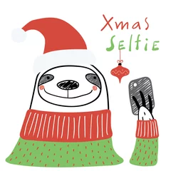 Foto op Aluminium Hand drawn vector illustration of a cute funny sloth in a Santa hat, with a smart phone, text Xmas selfie. Isolated objects on white background. Line drawing. Design concept for Christmas card, invite © Maria Skrigan