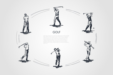 Golf - man with golf club in different active poses vector concept set