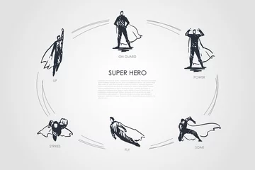 Foto op Canvas Super Hero - up, strikes, fly, soar, power, on guard vector concept set © drawlab19
