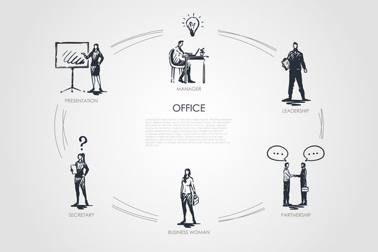 Office - manager, presentation, secretary, business woman, leadership, partnership vector concept set