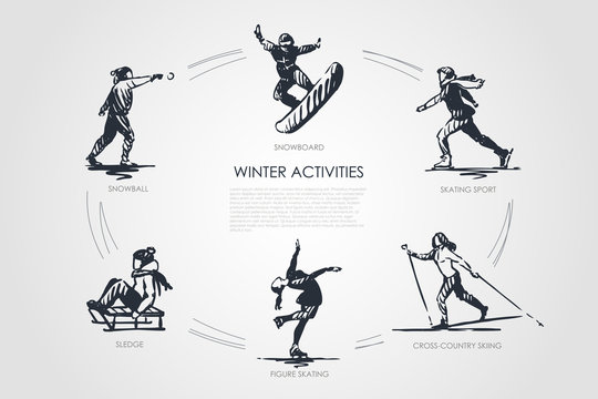 Winter activities - snowball, snowboard, skating sport, cross-country skiing, figure skating, sledge vector concept set