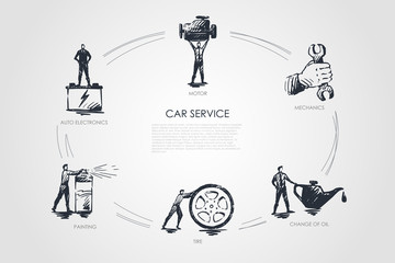 Car service - auto electronics, painting, tire, change of oil, mechanics, motor vector concept set
