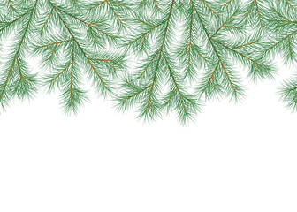 Seamless horizontal pattern with pine branches. Decor element for invitations, print, poster, card, banner. Isolated on white background.