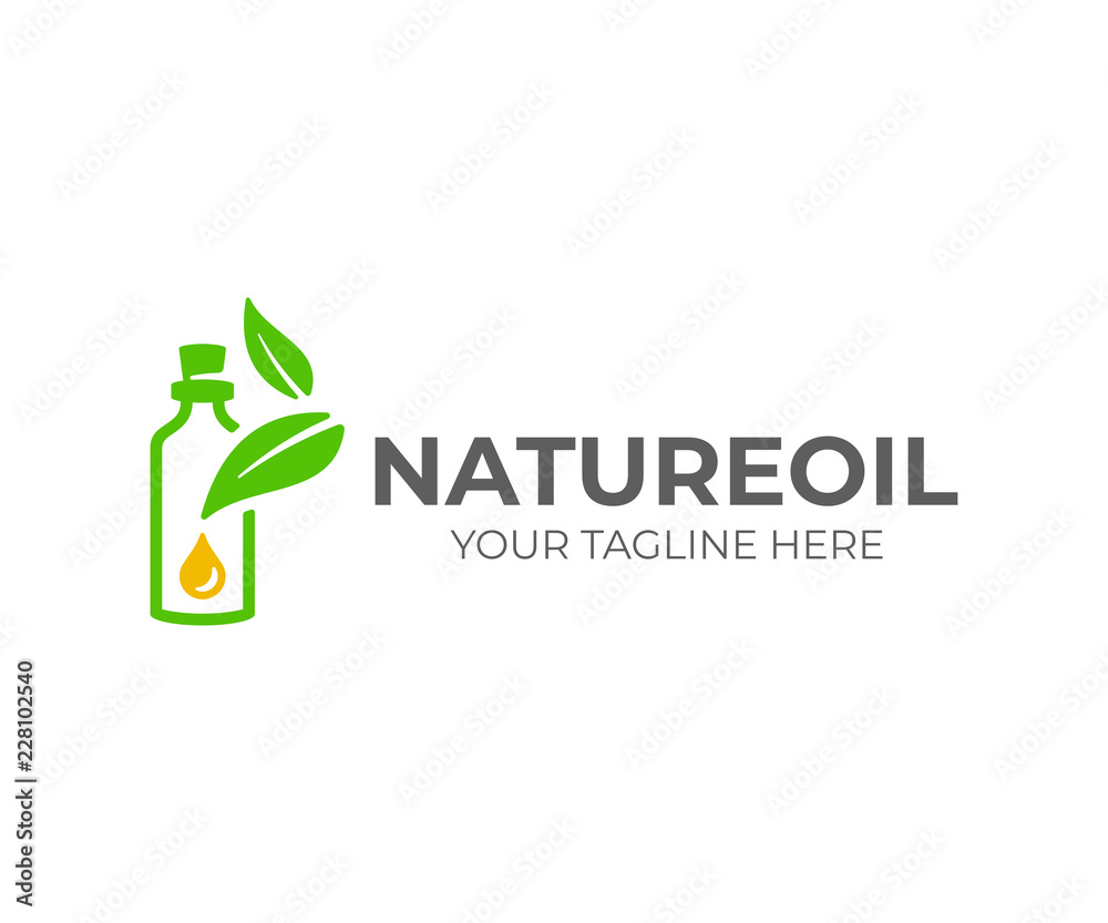 Wall mural essential oil logo design. natural oil with fresh herbs vector design. essential oil bottle with lea