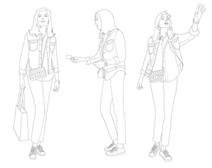  tracé, expression, femme élégante , figure, dessin au trait, model, distributeur billet, shopping, course, appel, taxi, 