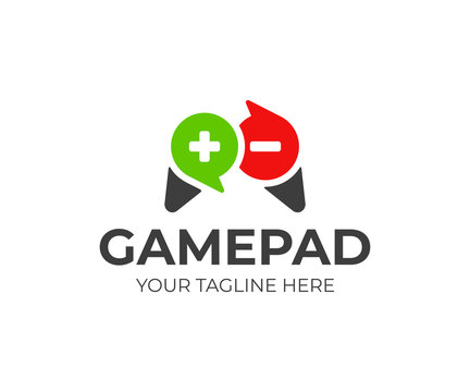 Video game rating logo design. Gamepad and review scores vector design. Joystick logotype