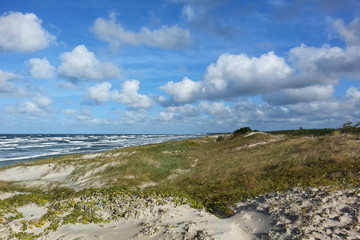 Seascape on the Baltic coast. Nature preserve with long sandy seashore Kursiu Nerija, Curonian Spit.