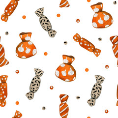 Watercolor seamless pattern with sweets for the holiday of Halloween on a black background. In a set of candy, candy in a wrapper, and candy in the form of a bat.	