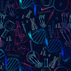 Materiał do szycia Hand drawn seamless pattern of structure of DNA. genome sequence. Health and biochemistry laboratory of nanotechnology. Molecule helix of dna, genome or gene evolution. Doodle elements. Gene editing
