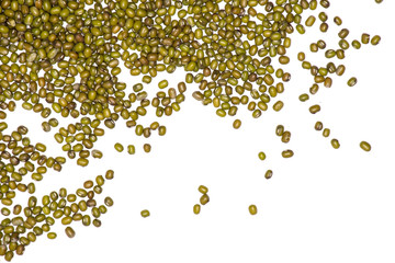 Lot of whole dry green mung beans left upper corner flatlay isolated on white background