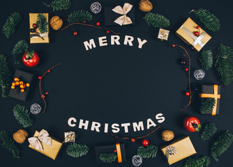 Christmas new year black stylish background and frame with gifts.