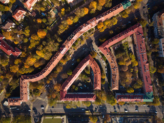 Aerial: Roofs of houses in Kaliningrad in autumn