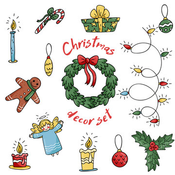 Set of vector icons in flat style for Christmas in cute cartoons style.