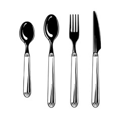 Cutlery set teaspoon, spoon, fork and knife in black isolated on white background. Tableware, top view. Vector illustration