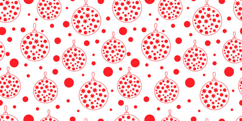 Christmas and New Year seamless pattern. Winter vector background with traditional holiday symbols: Christmas Toys, snow. Red, white colors. good choice for Holidays decoration, wrapp paper.