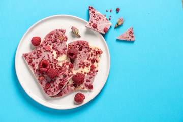 Top view of a plate white and pink chocоlate, raspberries, roses on a blue background