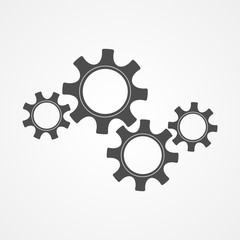 Mechanical gears gray vector illustration. Development concept mechanism construction with black silhouette cog and gear signify innovation teamwork. Cogwheel graphic for technical symbol or web icon