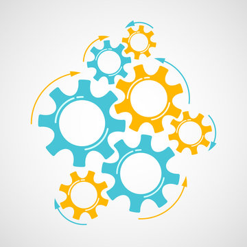 recommend clip art: Mechanical cogs technology vector illustration. Cooperation concept engine system with cog and gear in yellow and azure colors signify human progress. Cogwheel graphic for web element or sign template