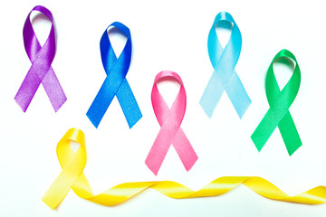 World cancer day background. Colorful ribbons, cancer awareness
