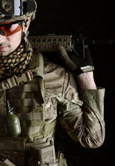 Macro portrait of a military man sniper